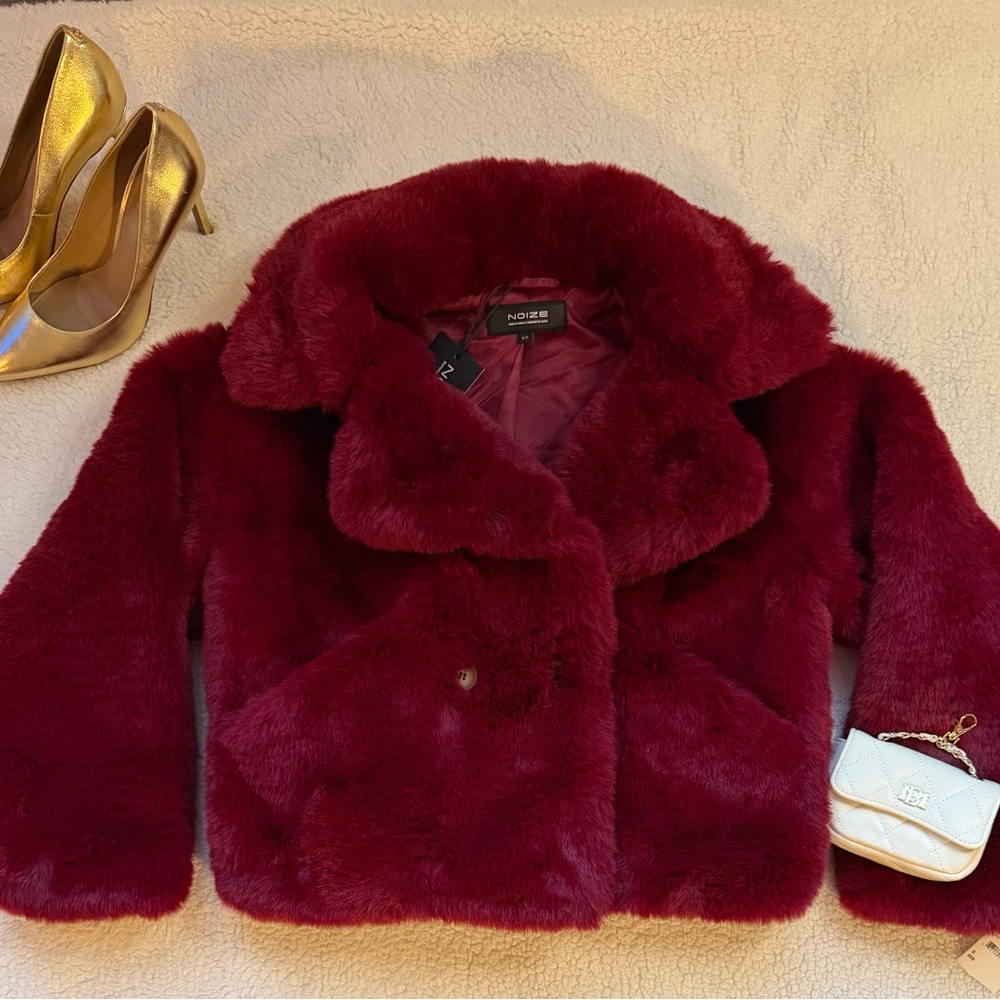 Faux Fur Burgundy Red Cropped Coat - NWT